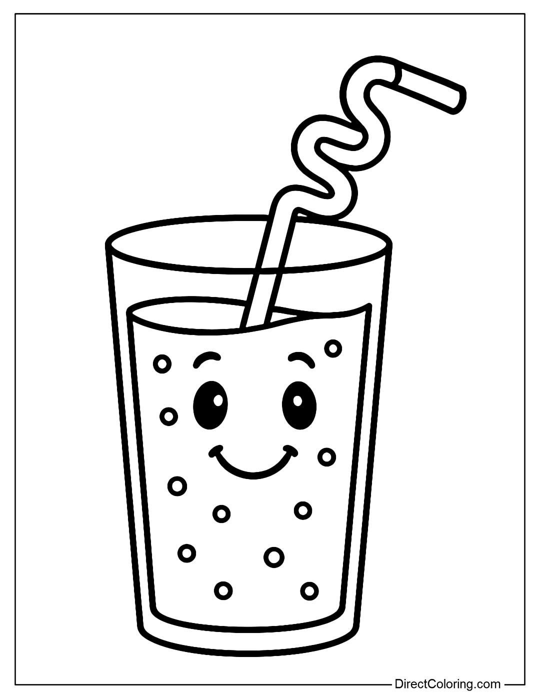Fruit Juice Cup Coloring Page with Smiley Face and Cute Twisted Straw.